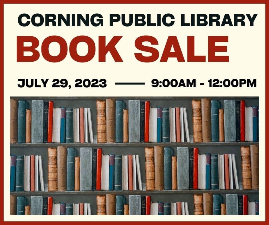 Flyer for the Corning Public Library book sale on July 28